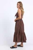Esmerelda Chocolate Frint Tie Tiered Strappy Maxi Dress