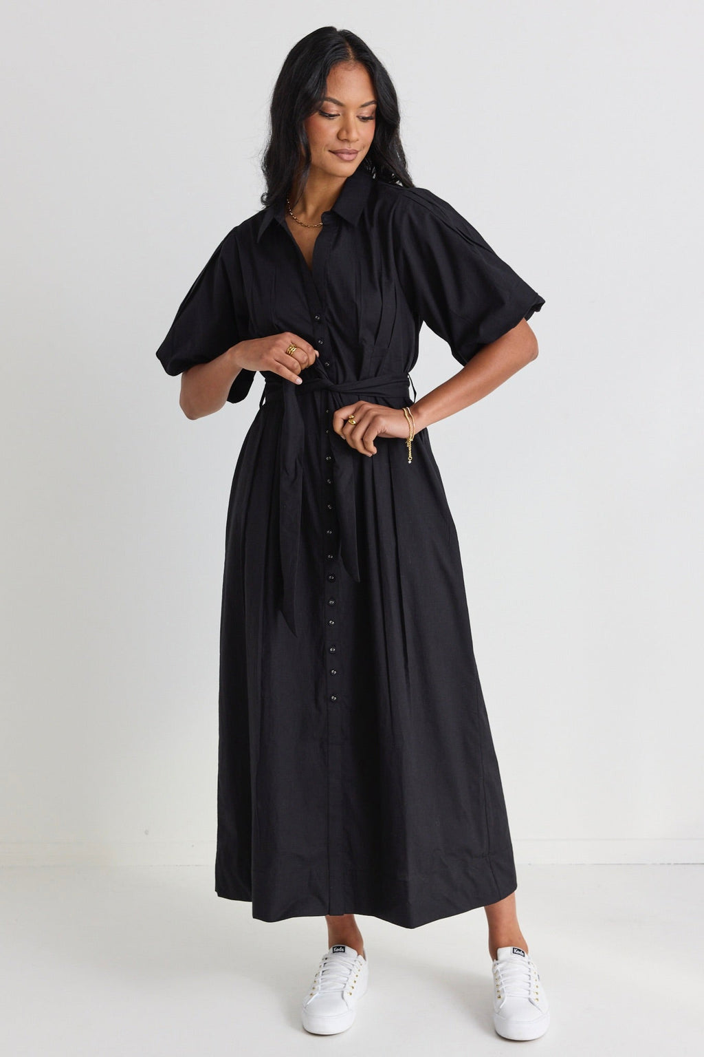 Dusk Black Puff Short Sleeve Collared Maxi Dress