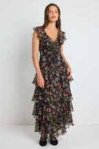 Everly Black Posy Floral Flutter Sleeve Tiered Maxi Dress