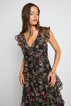 Everly Black Posy Floral Flutter Sleeve Tiered Maxi Dress