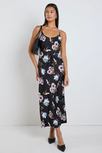 Exhibition Black Smudge Floral Satin Bias Flared Maxi Dress
