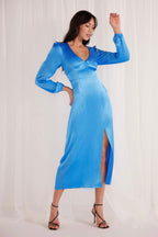 Gaia Blue LS Satin Maxi Dress