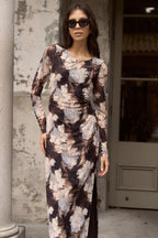 Gallery Sepia Floral Mesh LS Maxi Dress