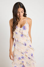 Galore Peach Blue Floral Bias Ruffle Slip Maxi Dress