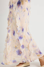 Galore Peach Blue Floral Bias Ruffle Slip Maxi Dress