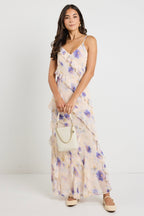 Galore Peach Blue Floral Bias Ruffle Slip Maxi Dress