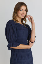 Gratitude Navy Bubble SS Tiered Maxi Dress