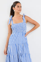 Isabella Blue White Stripe Strappy Tiered Maxi Dress