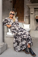 Limitless Black Floral LS Shirred Maxi Dress