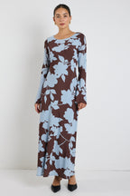 Luminous Brown Blue Floral Fluted Sleeve Bias Maxi Dress