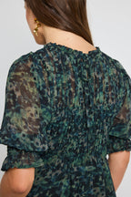 Showcase Khaki Ditsy Print Georgette Puff Sleeve Tiered Maxi Dress