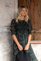 Showcase Khaki Ditsy Print Georgette Puff Sleeve Tiered Maxi Dress