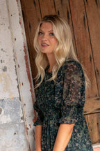 Showcase Khaki Ditsy Print Georgette Puff Sleeve Tiered Maxi Dress