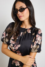 Stage Black Floral Satin Puff Sleeve Floaty Maxi Dress