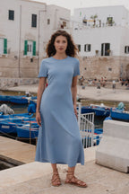Taken Ocean Blue Crew Neck SS Knit Maxi Dress