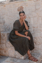 Dreamy Khaki Bubble SS Button Front Tiered Maxi Dress