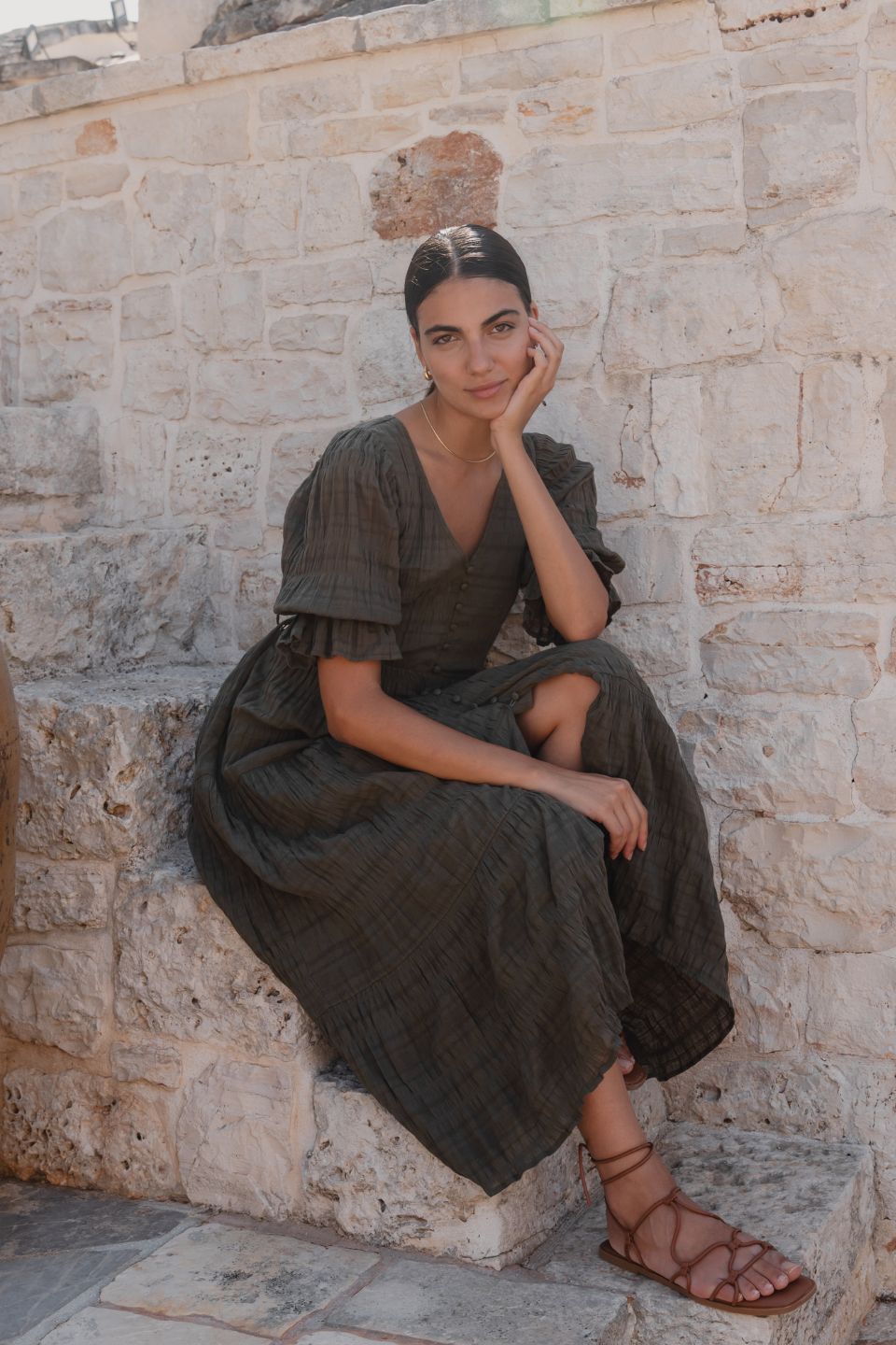 Dreamy Khaki Bubble SS Button Front Tiered Maxi Dress